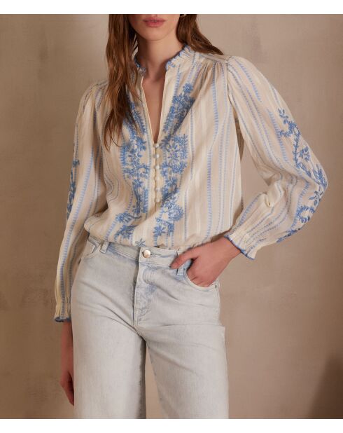 Perrine Bl blouse met licht smaragdgroen borduursel