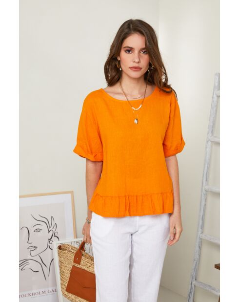 Orangefarbenes Top Camélia aus 100% Leinen