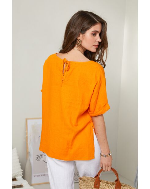 Orangefarbenes Top Camélia aus 100% Leinen