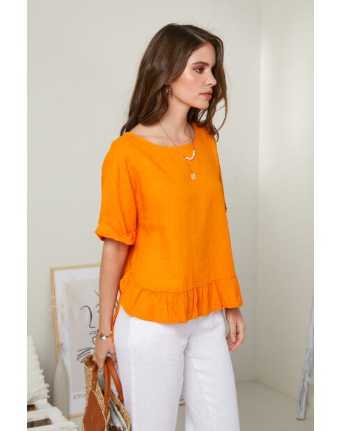 Orangefarbenes Top Camélia aus 100% Leinen