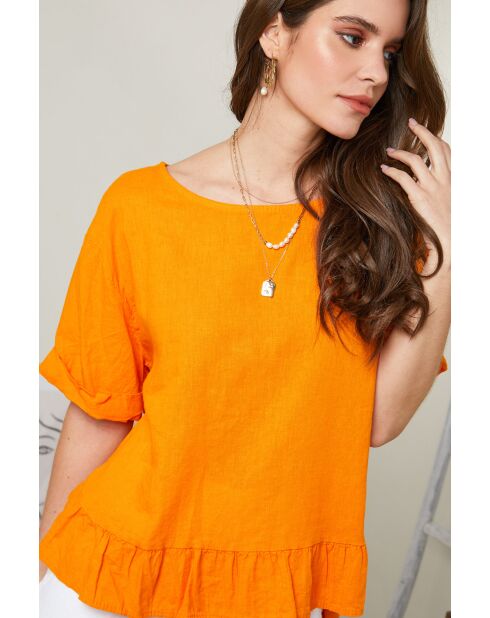 Orangefarbenes Top Camélia aus 100% Leinen