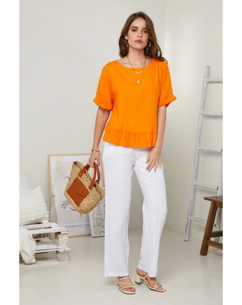 Orangefarbenes Top Camélia aus 100% Leinen