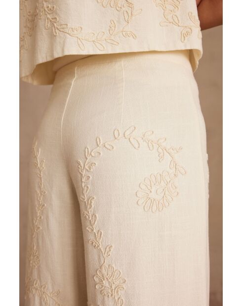 Borris P Ecrufarbene Hose mit Stickerei