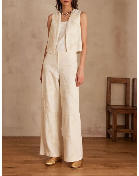 Borris P Ecrufarbene Hose mit Stickerei