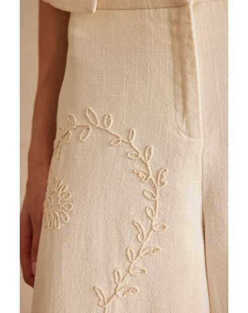 Borris P Ecrufarbene Hose mit Stickerei