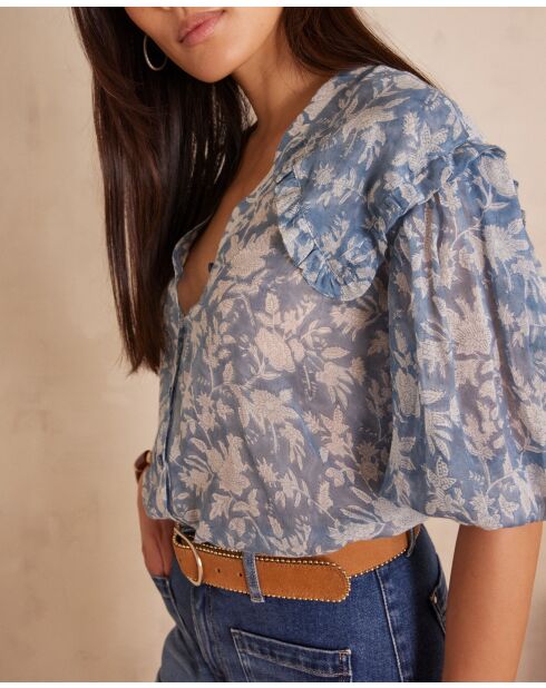 Pio Bl Imp Light Indigo blouse met bloemen