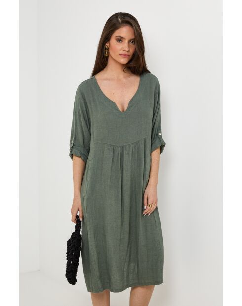 Kaki jurk van 100% linnen Léana