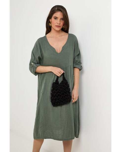 Kaki jurk van 100% linnen Léana