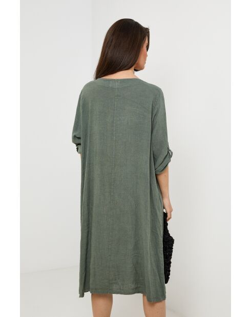 Kaki jurk van 100% linnen Léana