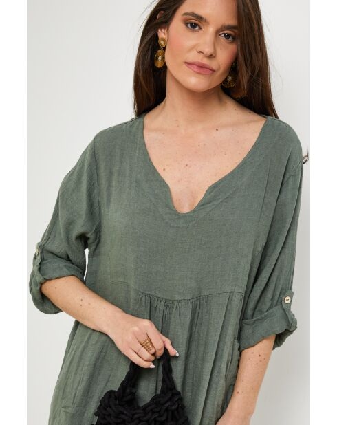 Kaki jurk van 100% linnen Léana