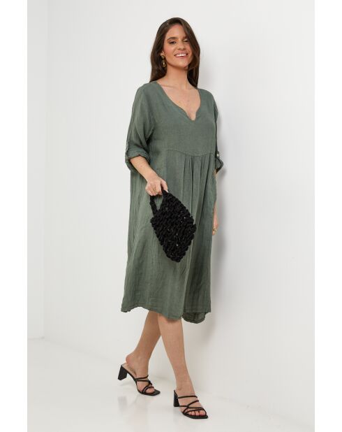 Kaki jurk van 100% linnen Léana