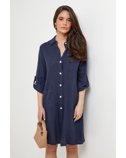 Marineblauwe jurk van 100% linnen Nolwenn