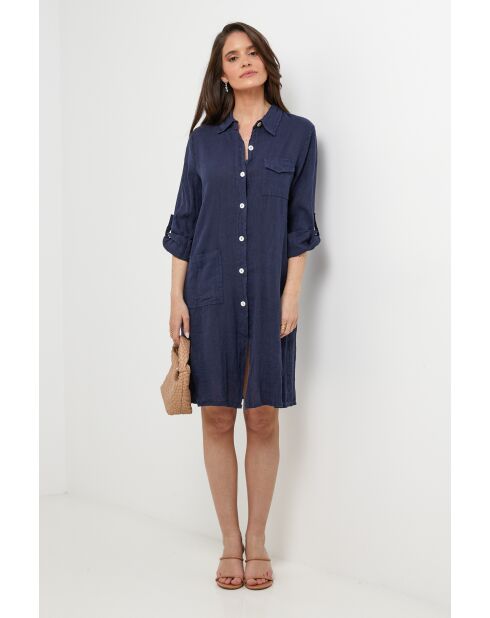 Marineblauwe jurk van 100% linnen Nolwenn