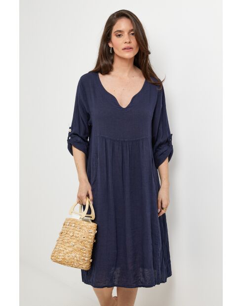 Marineblauwe jurk van 100% linnen Léana