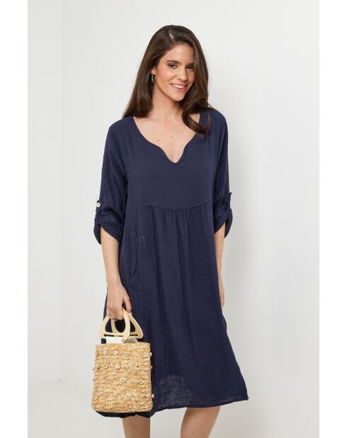 Marineblauwe jurk van 100% linnen Léana