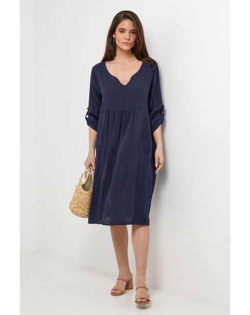 Marineblauwe jurk van 100% linnen Léana
