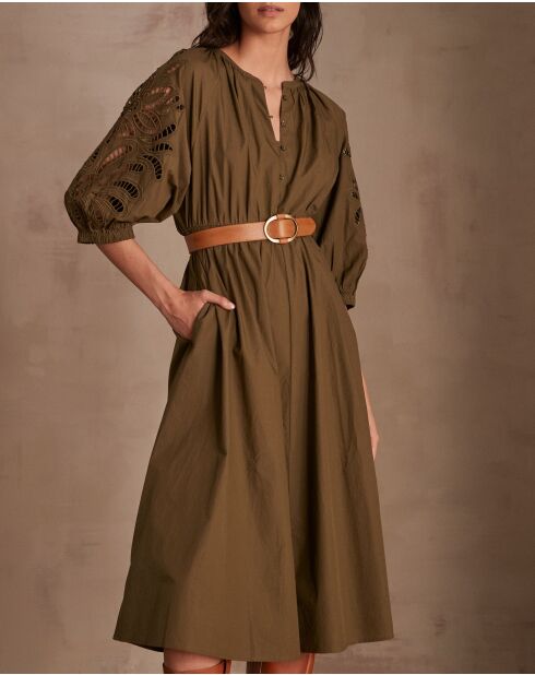 Micha R Khaki-Kleid mit Stickerei