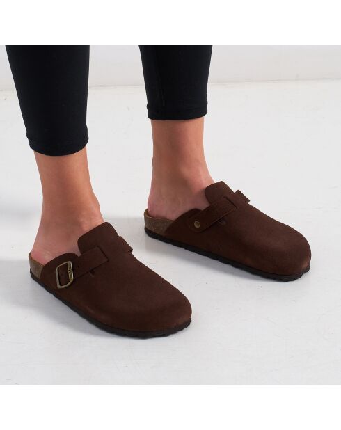 Sabots en velours de cuir Noé marron foncé