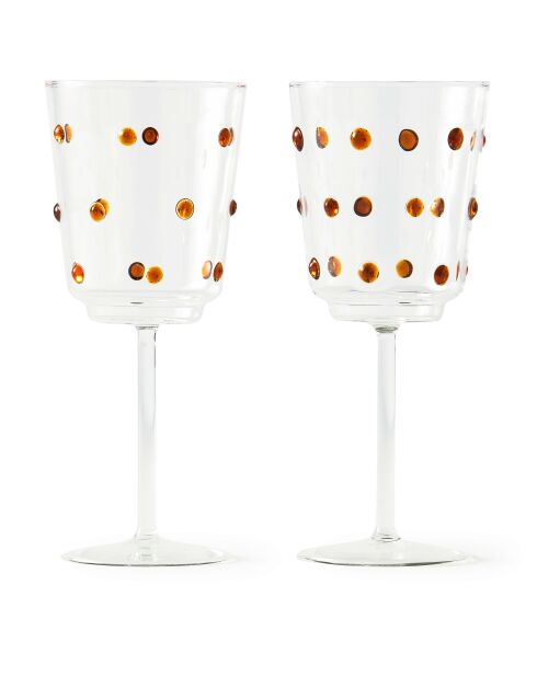 2 Verres à vin à boutons ambrés jaunes - D8.5xH20 cm