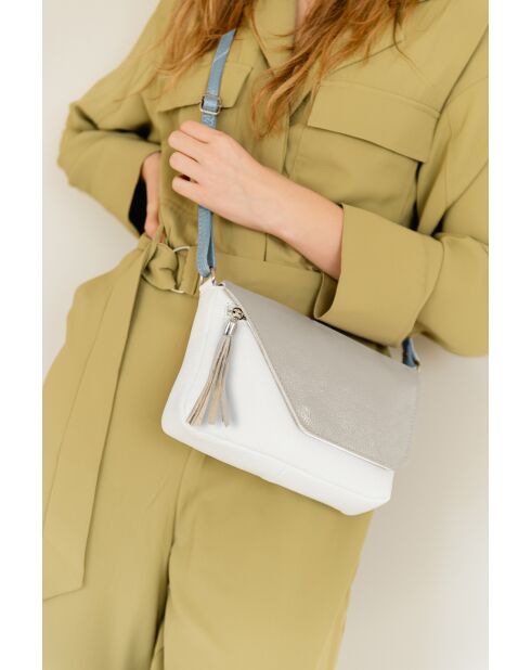 Lola weiße graue Ledertasche - 24x6x18 cm