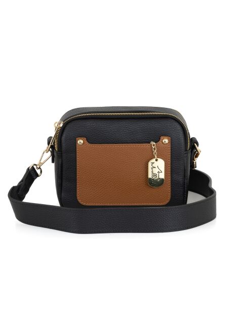 Aldina zwarte leren tas met cuoio - 22x11x18 cm