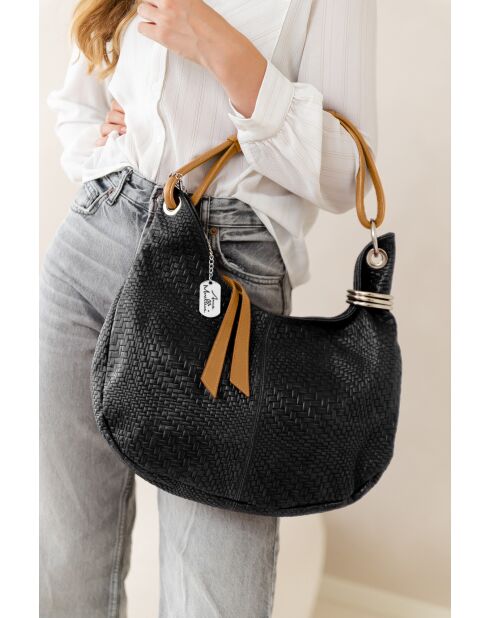 Concetta zwarte leren tas met cuoio - 38x10x34 cm