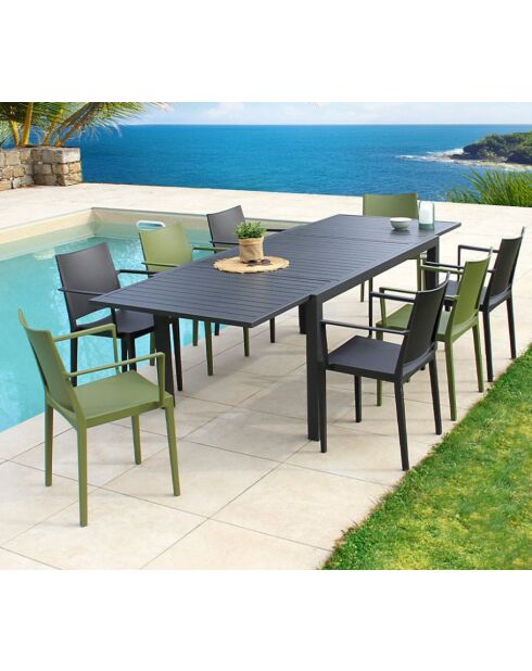 Ensemble repas Gueratharos anthracite/vert : Table + 8 fauteuils lagos
