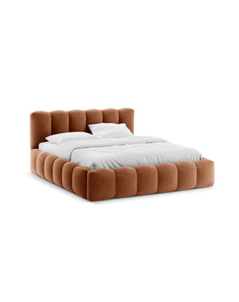 Cama tipo baúl con cabecero de terciopelo, cama doble Senna Honey, 226 x 206 x 95 cm