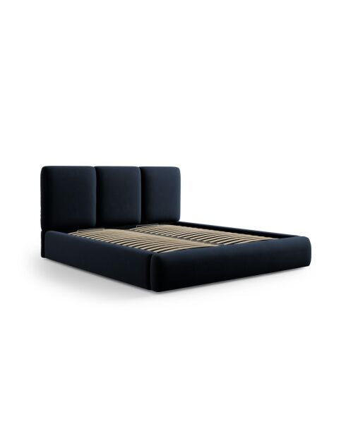 Cama tipo baúl Bona azul oscuro con cabecero de terciopelo, 220 x 220 x 100 cm
