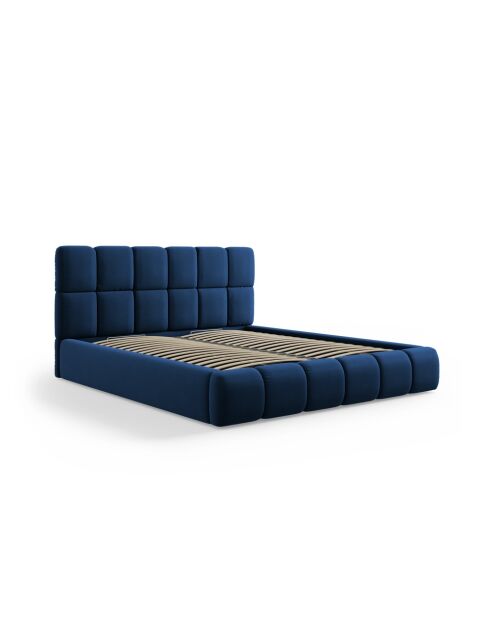 Cama tipo baúl con cabecero de terciopelo azul oscuro, 220 x 160 x 100 cm