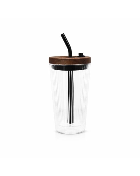 Vaso de fusión de vidrio borosilicato transparente con pajita y tapa de madera - 50 cl