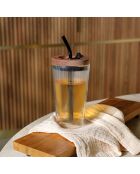 Vaso de fusión de vidrio borosilicato transparente con pajita y tapa de madera - 50 cl