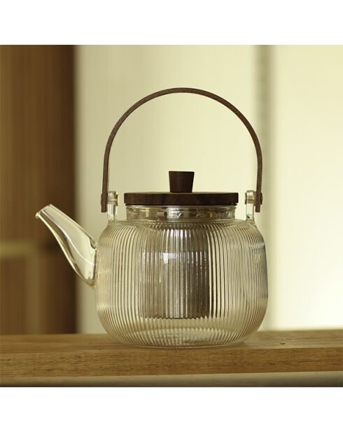 Teiera Mugi in vetro trasparente con manico e coperchio in legno di acacia - 90cl