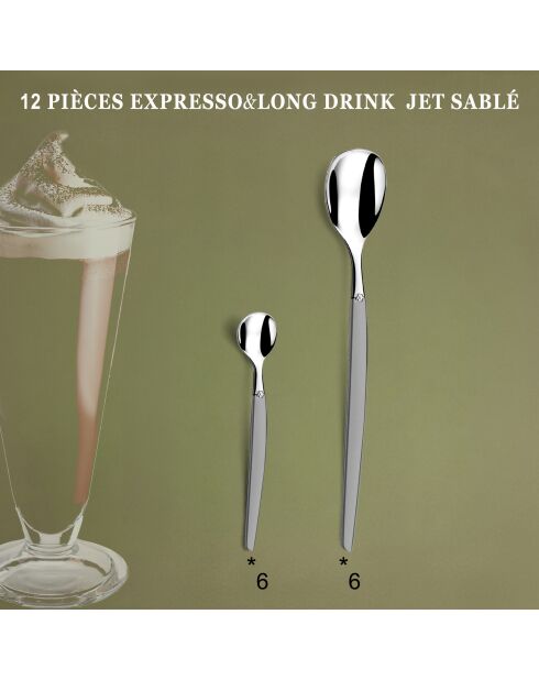 6 cuillères expresso moka & 6 cuillères long drink jet miroir acier