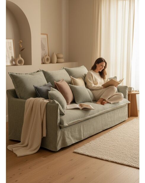 Sofá de lino desteñido verde salvia - 210x100x80 cm