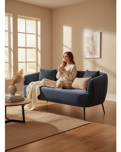 Sofá efecto plisado de terciopelo azul pizarra - 180x80x74 cm