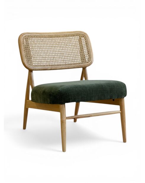 Loungestoel in rubberhout en donker mosgroen rotan - 63x70x74 cm