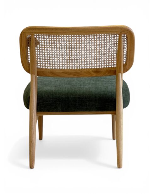 Loungestoel in rubberhout en donker mosgroen rotan - 63x70x74 cm