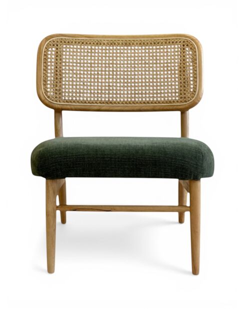 Loungestoel in rubberhout en donker mosgroen rotan - 63x70x74 cm