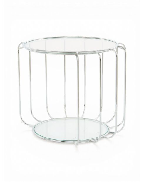 Mesita Tambour de acero inoxidable y cristal plateado - 45x45x55 cm