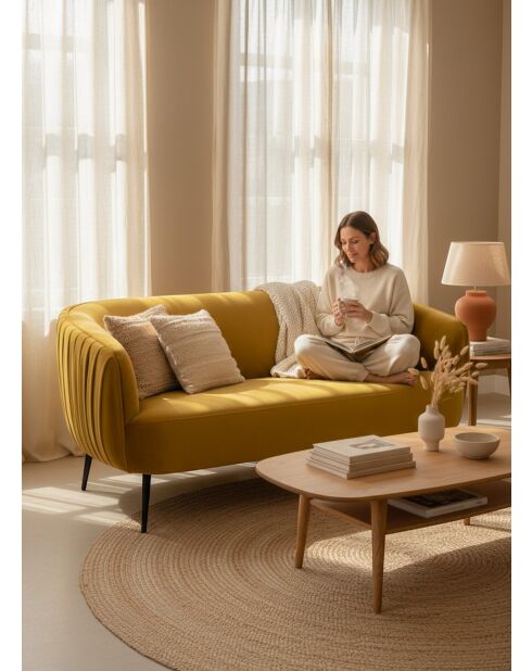 Mosterdgele fluwelen bank met plisséeffect - 180x80x74 cm