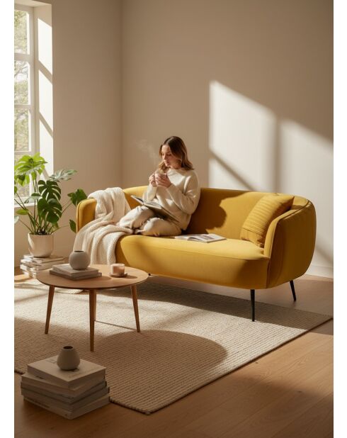 Mosterdgele fluwelen bank met plisséeffect - 180x80x74 cm