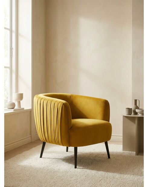 Sessel aus senfgelbem Samt mit Plissee-Effekt - 77x80x74 cm