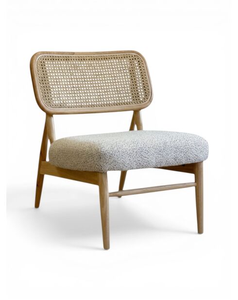 Liegestuhl aus Gummiholz und gesprenkeltem ecrufarbenem Rattan - 63x70x74 cm