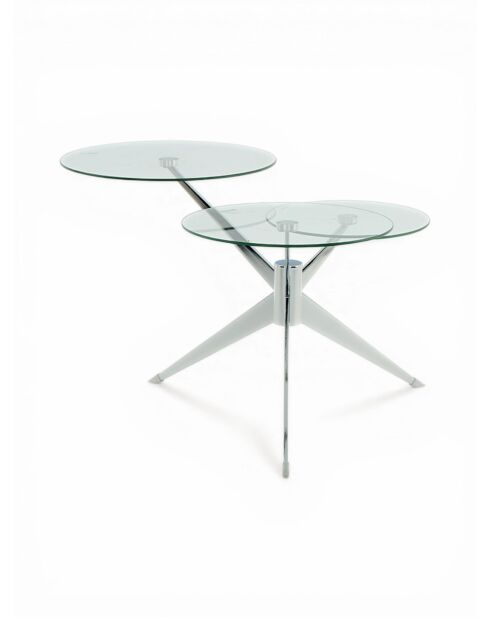 Mesa con tres pilas de metal plateado y cristal - 75x60x46 cm