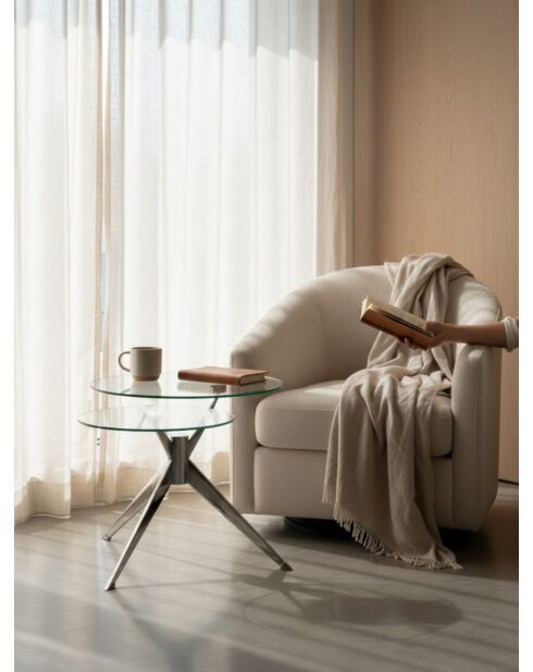 Mesa con tres pilas de metal plateado y cristal - 75x60x46 cm