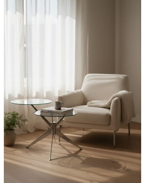 Mesa con tres pilas de metal plateado y cristal - 75x60x46 cm