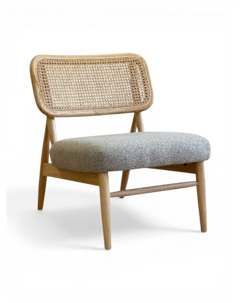 Loungestoel in rubberhout en gespikkeld taupe rotan - 63x70x74 cm