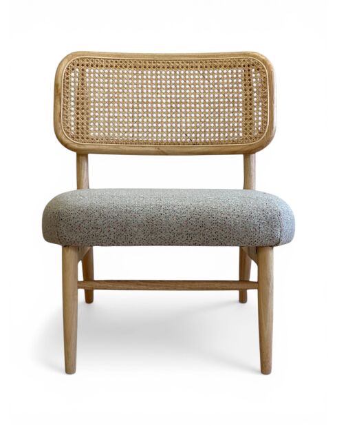 Loungestoel in rubberhout en gespikkeld taupe rotan - 63x70x74 cm