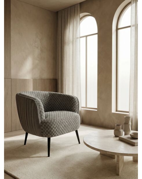 Fauteuil effet plissé en velours gris pierre tissé - 77x80x74 cm